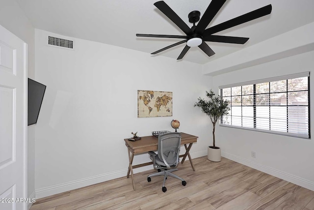 office area with ceiling fan and light wood-type flooring