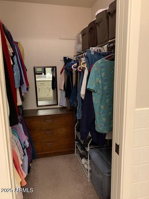 walk in closet featuring light colored carpet