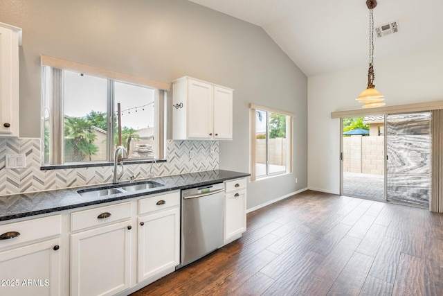 4041 W Hackamore Dr, Phoenix, AZ 85083 - kitchen featuring dishwasher, a sink, tasteful backsplash, lofted ceiling, and white cabinets