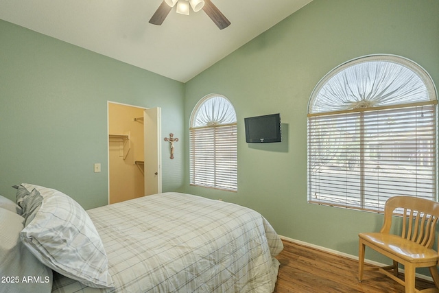 bedroom featuring lofted ceiling, hardwood / wood-style floors, a spacious closet, and ceiling fan