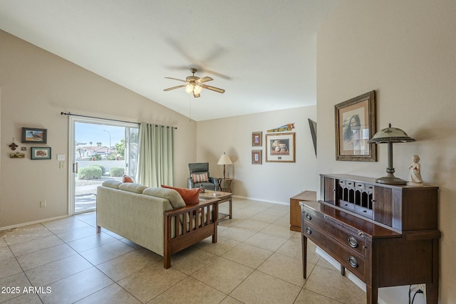 tiled living room with lofted ceiling and ceiling fan