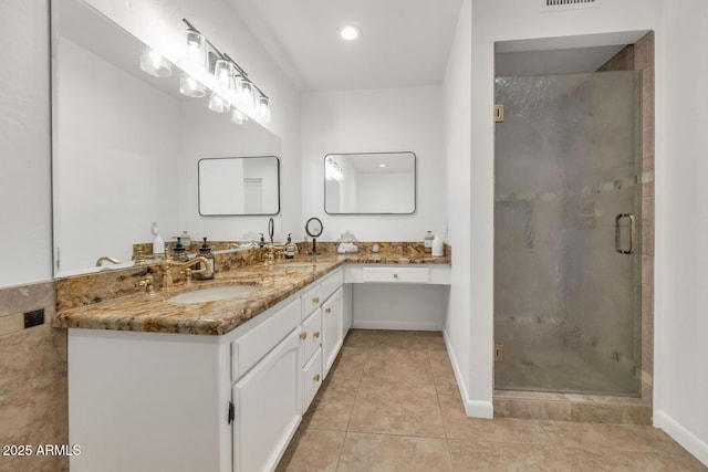 12682 N 80th Pl, Scottsdale, AZ 85260 - bathroom with double vanity, a shower stall, tile patterned flooring, and recessed lighting