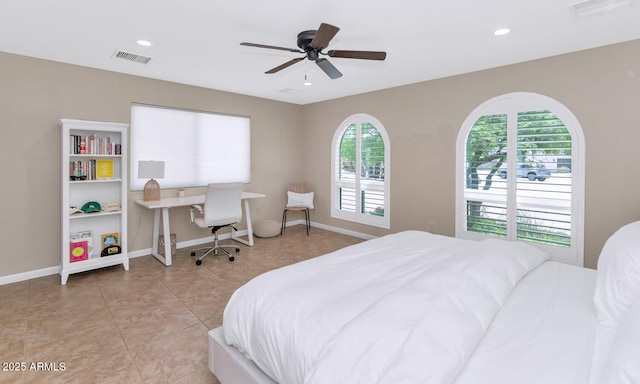 12682 N 80th Pl, Scottsdale, AZ 85260 - bedroom with multiple windows, light tile patterned floors, ceiling fan, and recessed lighting