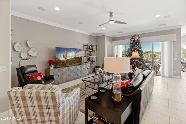 living room featuring ceiling fan, ornamental molding, and light tile patterned floors