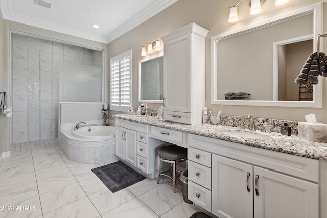 bathroom with vanity, shower with separate bathtub, and ornamental molding