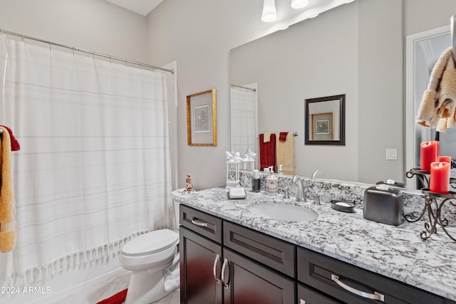 full bathroom featuring tile patterned flooring, vanity, shower / bath combination with curtain, and toilet