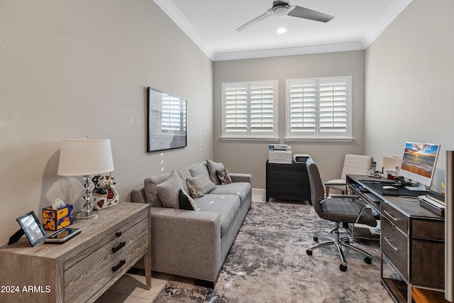 home office featuring ceiling fan, ornamental molding, and light tile patterned floors