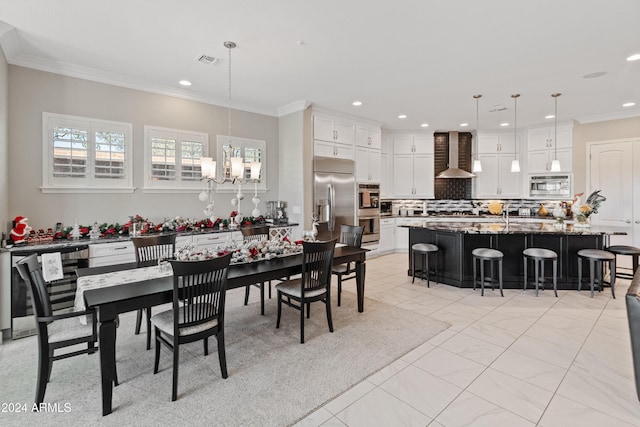 dining room with wine cooler, crown molding, and a notable chandelier