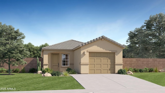 mediterranean / spanish-style house with a front lawn, fence, a garage, and stucco siding