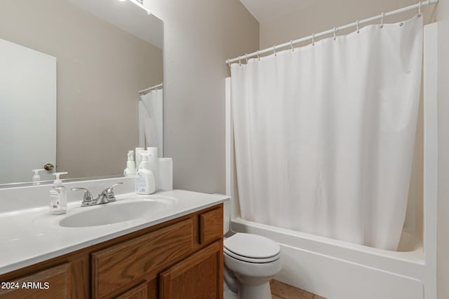 full bathroom with vanity, toilet, and shower / bath combination with curtain