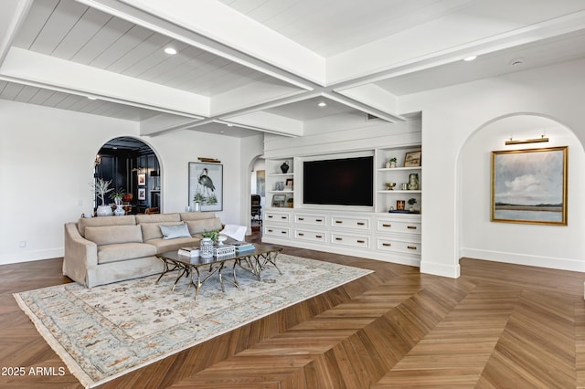 2339 E Virgo Pl, Chandler, AZ 85249 - living area featuring arched walkways, baseboards, beamed ceiling, recessed lighting, and built in shelves