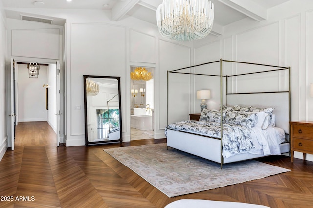 2339 E Virgo Pl, Chandler, AZ 85249 - bedroom with a chandelier, beam ceiling, a decorative wall, and ensuite bathroom