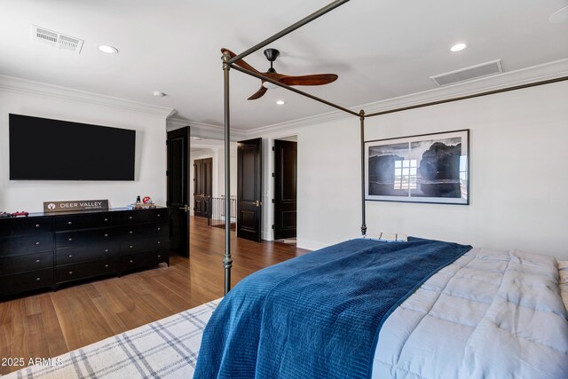 2339 E Virgo Pl, Chandler, AZ 85249 - bedroom featuring crown molding, wood finished floors, attic access, recessed lighting, and ceiling fan