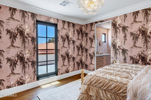 2339 E Virgo Pl, Chandler, AZ 85249 - bedroom featuring multiple windows, wood finished floors, a chandelier, baseboards, and ornamental molding