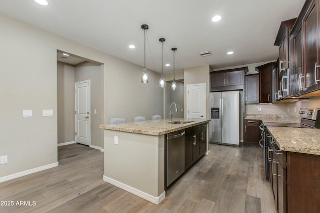 kitchen featuring a sink, visible vents, hanging light fixtures, appliances with stainless steel finishes, and a center island with sink