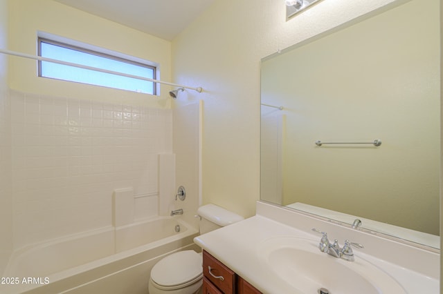 full bathroom featuring bathtub / shower combination, toilet, and vanity