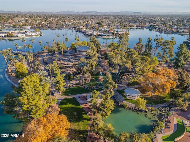 bird's eye view with a water view