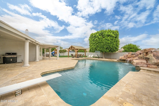view of pool with a gazebo, a grill, a patio, a fenced backyard, and a diving board