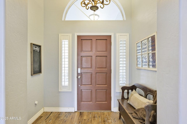 foyer with baseboards and wood finished floors