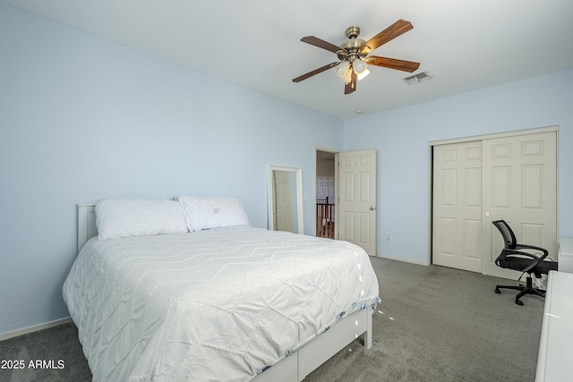 bedroom with a closet, ceiling fan, and carpet floors