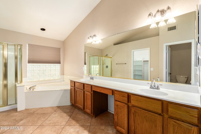 full bathroom featuring tile patterned floors, separate shower and tub, vanity, toilet, and lofted ceiling