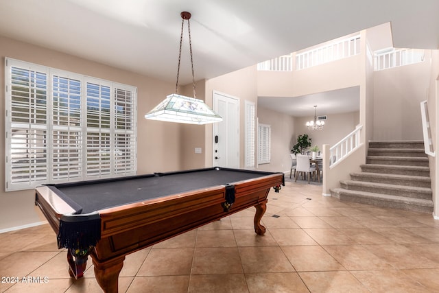 game room featuring an inviting chandelier, tile patterned flooring, and billiards