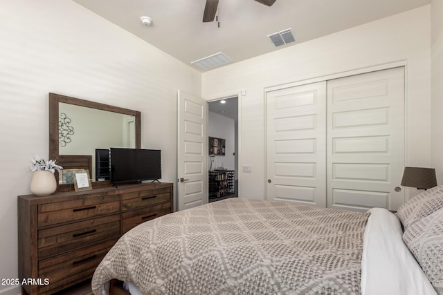bedroom with a closet and a ceiling fan