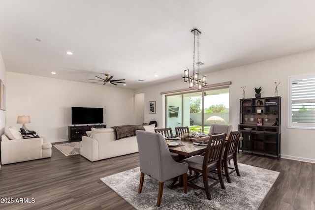 dining space featuring dark wood finished floors, healthy amount of natural light, ceiling fan, and recessed lighting