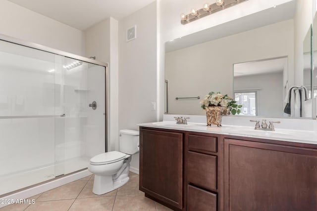 bathroom with visible vents, a shower stall, toilet, tile patterned floors, and a sink