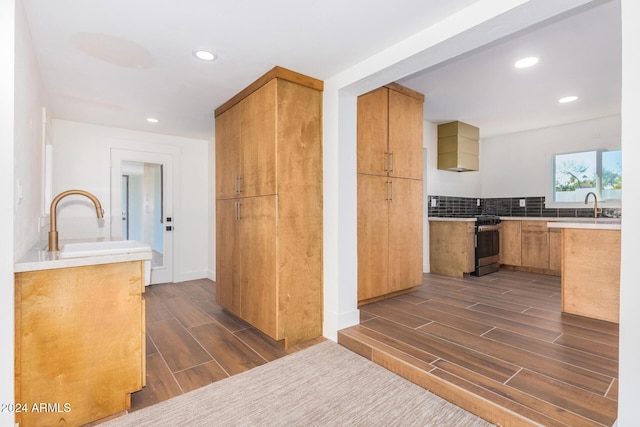 kitchen featuring decorative backsplash, sink, dark wood-type flooring, and range with gas cooktop