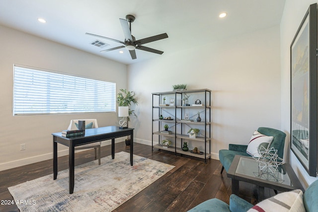 office with ceiling fan and dark hardwood / wood-style flooring