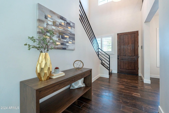 foyer with a towering ceiling and dark hardwood / wood-style flooring