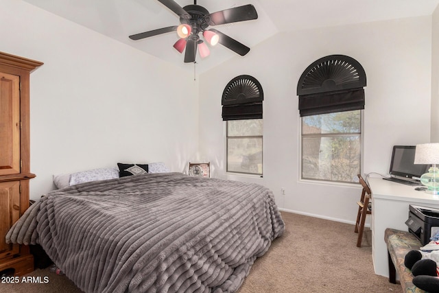 654 E Taylor Trl, San Tan Valley, AZ 85143 - bedroom featuring lofted ceiling, light colored carpet, baseboards, and a ceiling fan