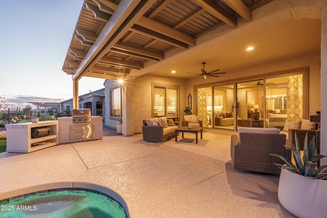 26673 W Ponderosa Ln, Buckeye, AZ 85396 - view of patio / terrace with an outdoor hangout area, fence, a hot tub, a grill, and ceiling fan