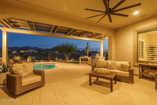 26673 W Ponderosa Ln, Buckeye, AZ 85396 - view of patio featuring outdoor lounge area, a fenced in pool, fence, and ceiling fan