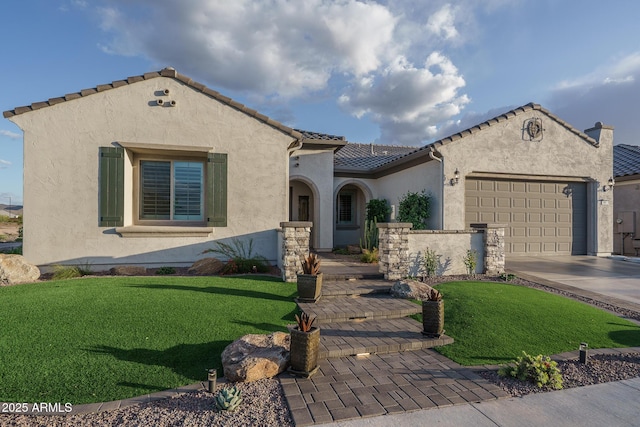 26673 W Ponderosa Ln, Buckeye, AZ 85396 - mediterranean / spanish house with a tile roof, stucco siding, driveway, a front yard, and a garage