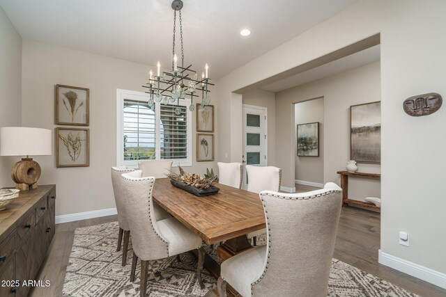 26673 W Ponderosa Ln, Buckeye, AZ 85396 - dining space with dark wood-type flooring, baseboards, a chandelier, and recessed lighting