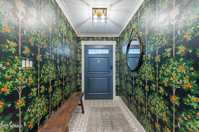entryway with wallpapered walls, baseboards, and tile patterned floors