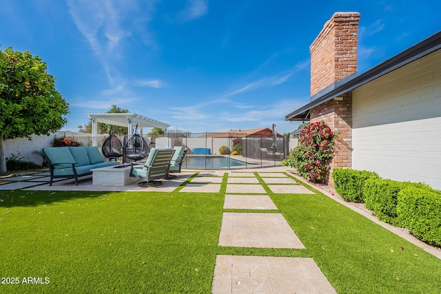 view of yard featuring an outdoor living space, a pergola, a fenced backyard, and a patio