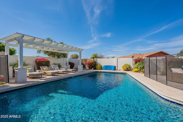 view of swimming pool with a pergola, a fenced backyard, a fenced in pool, and a patio area