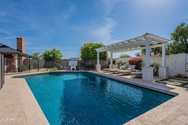 view of swimming pool with a fenced in pool, a pergola, a fenced backyard, a patio, and an outdoor living space