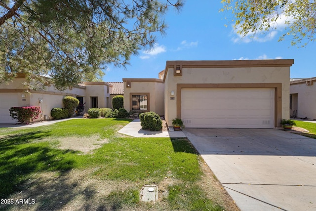 view of front of house with a tile roof, stucco siding, a garage, driveway, and a front lawn