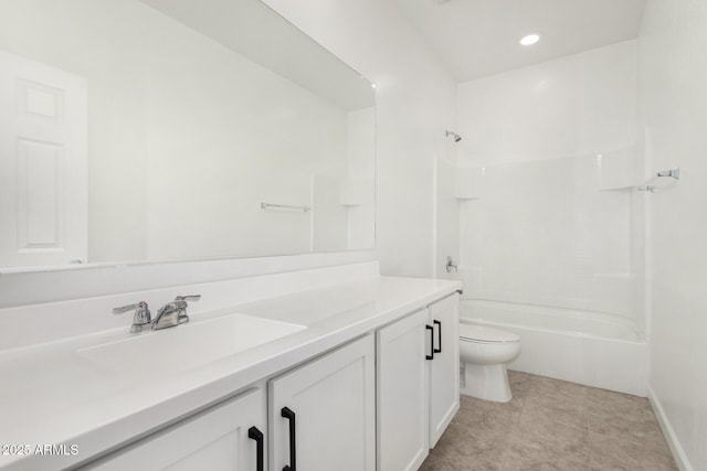 full bathroom featuring vanity, toilet, bathing tub / shower combination, and tile patterned flooring