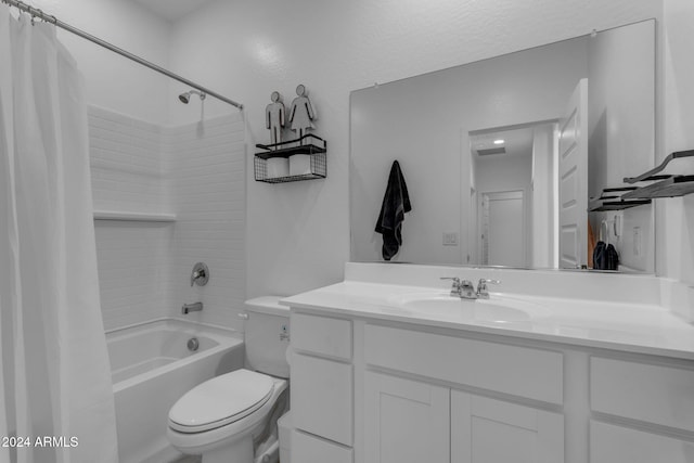 full bathroom with shower / bath combination with curtain, vanity, and toilet