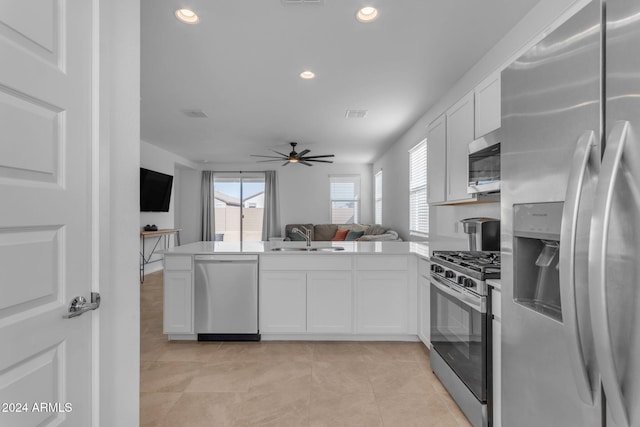 kitchen featuring kitchen peninsula, white cabinetry, sink, and stainless steel appliances