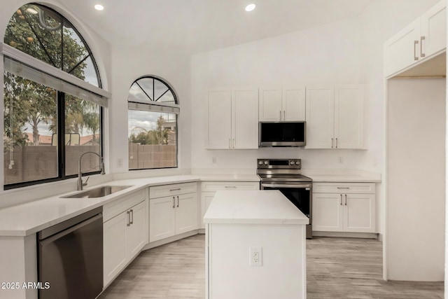 kitchen with a sink, stainless steel appliances, and white cabinetry