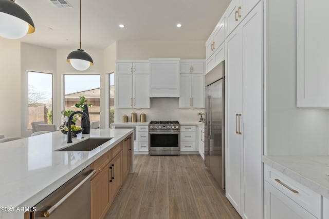 kitchen featuring light wood-style flooring, appliances with stainless steel finishes, light stone counters, custom exhaust hood, and a sink