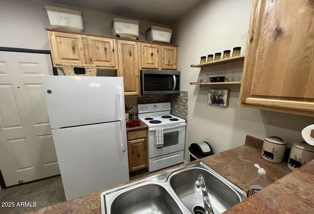 2361 Quarter Horse Trl Unit 232, Overgaard, AZ 85933 - kitchen with light brown cabinets, white appliances, open shelves, decorative backsplash, and a sink