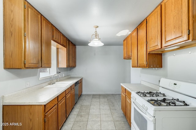 3001 N 21st Ave, Phoenix, AZ 85015 - kitchen with white gas range, a sink, light countertops, and brown cabinetry