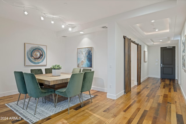 dining space with light wood-type flooring, a tray ceiling, and rail lighting